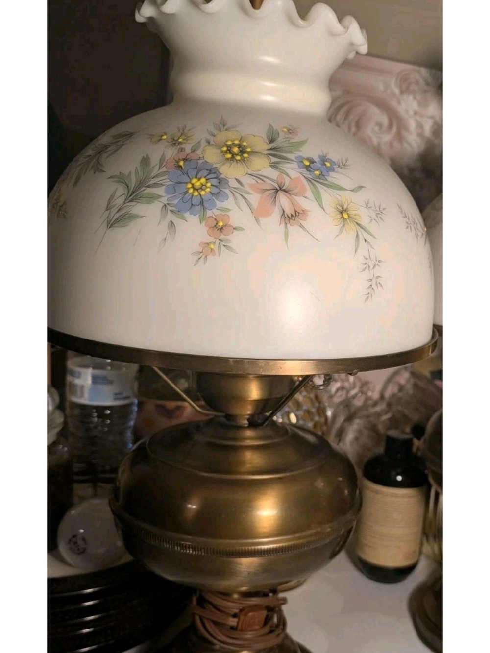 Vintage Floral Milk Glass Table Lamp Shade - White with Pastel Flowers
